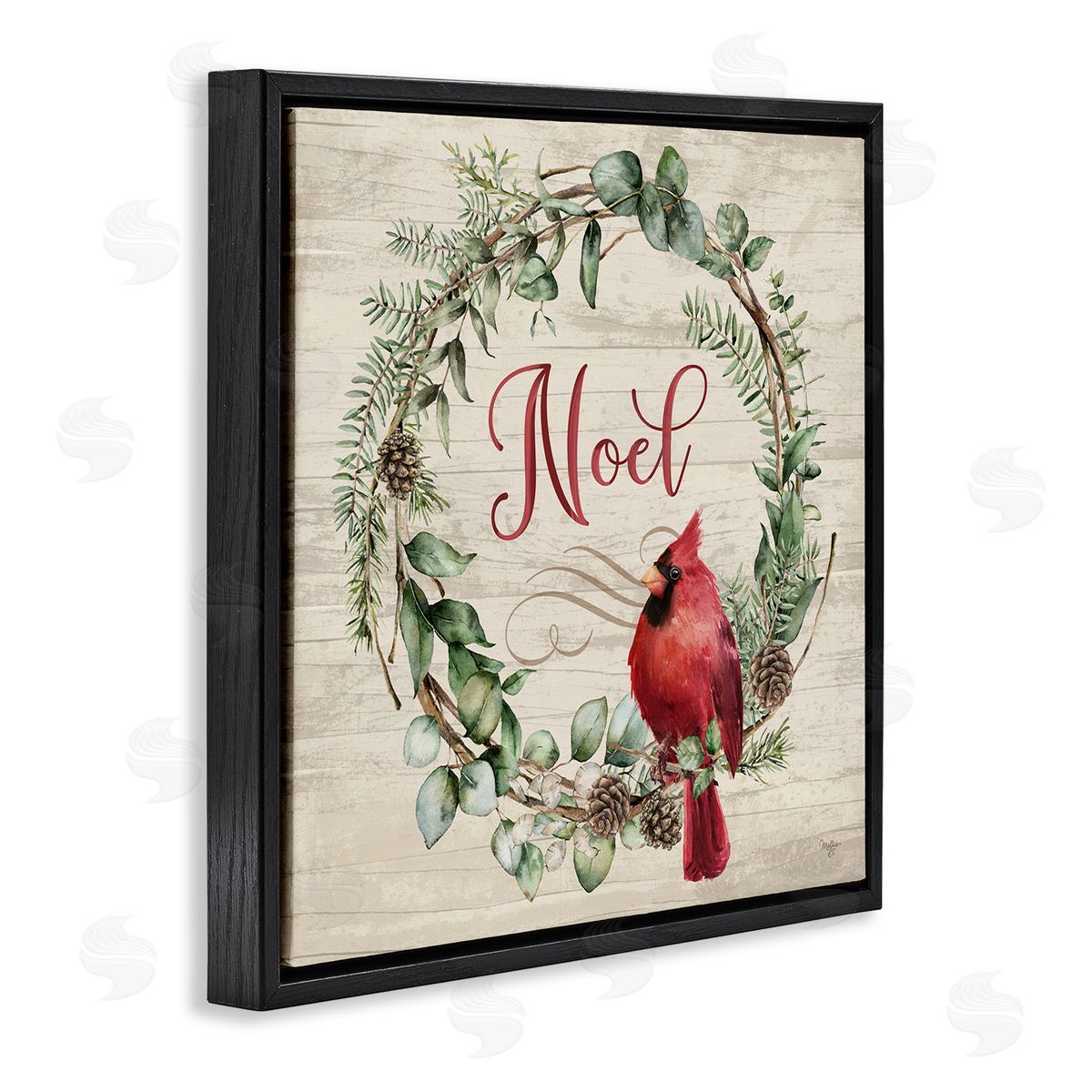 Noel Wreath with Cardinal Black Floating Frame Canvas Wall Art, Home Decor by Mollie B.