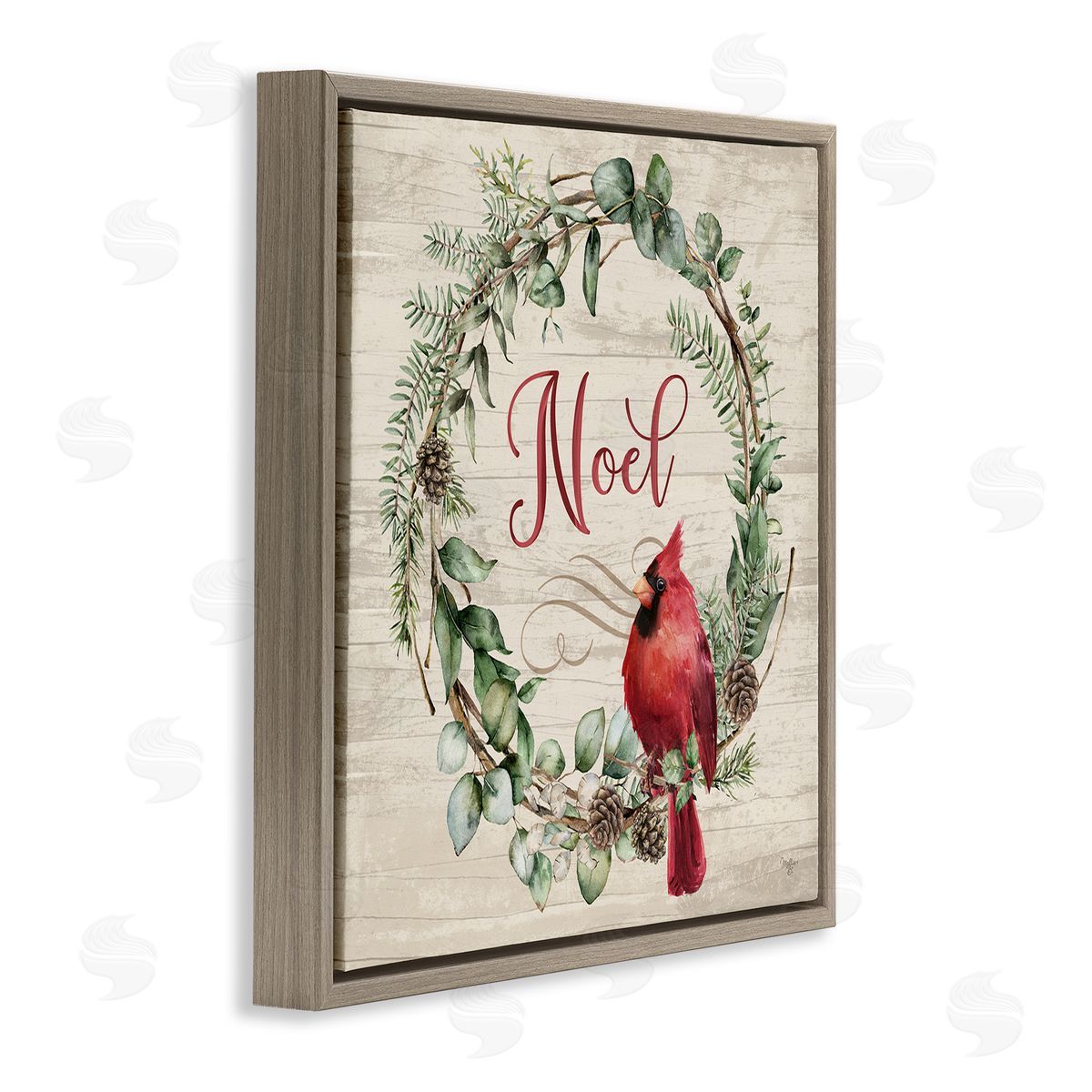 Noel Wreath with Cardinal Brown Floating Frame Canvas Wall Art, Home Decor by Mollie B.