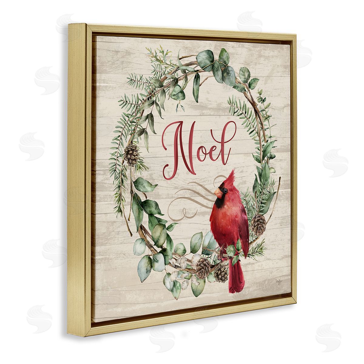 Noel Wreath with Cardinal Gold Floating Frame Canvas Wall Art, Home Decor by Mollie B.