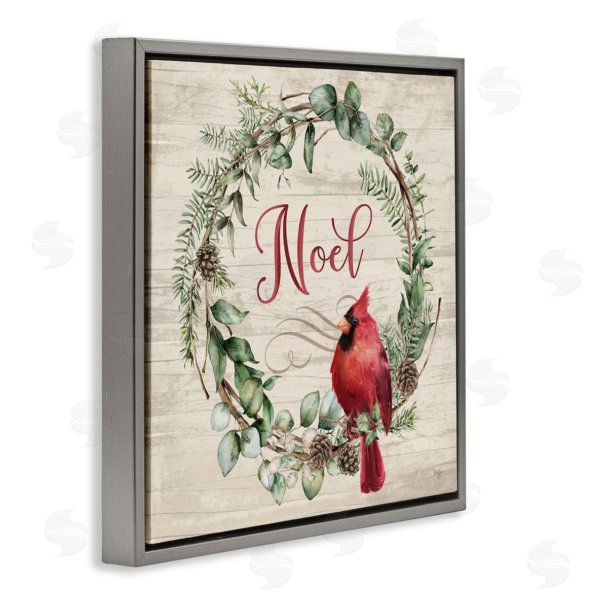 Noel Wreath with Cardinal Grey Floating Frame Canvas Wall Art, Home Decor by Mollie B.