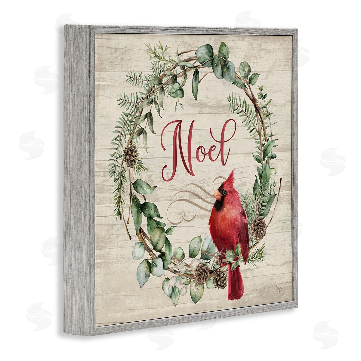 Noel Wreath with Cardinal Grey Frame Print Wall Art, Home Decor by Mollie B.