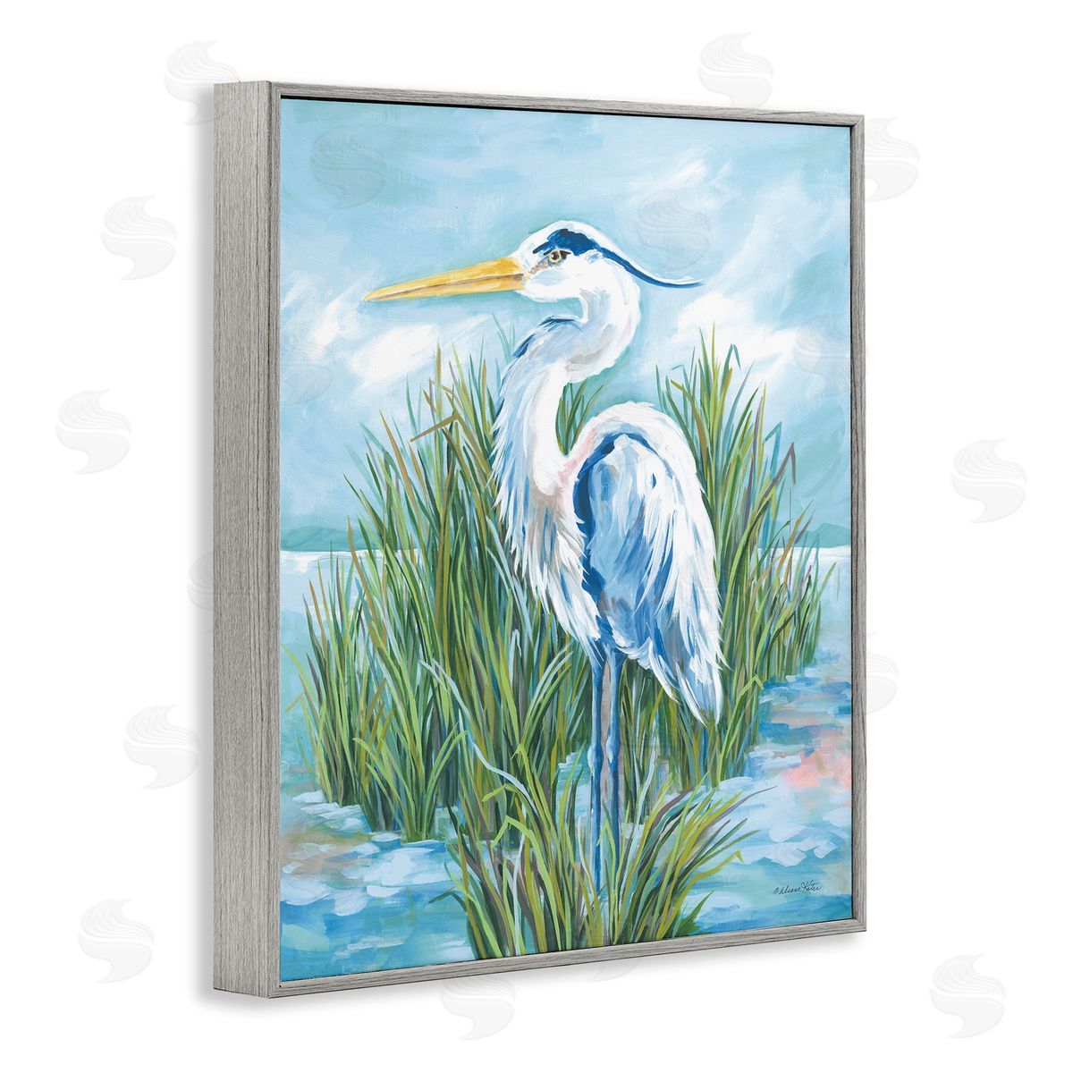 Coastal Heron Bird Grey Frame Print Wall Art, Home Decor by Diane Kater
