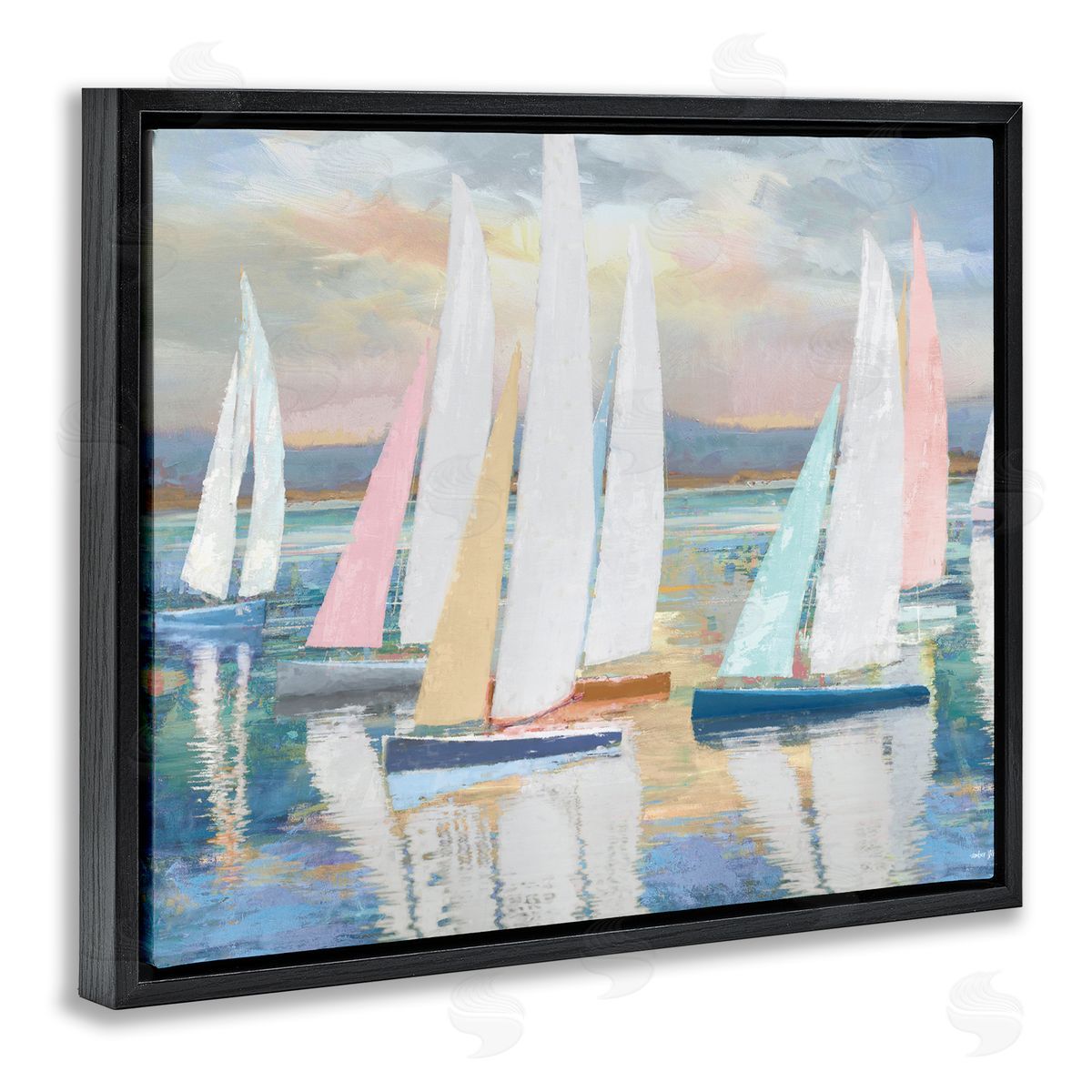 Abstract & Pastel Sailboat Fleet Black Floating Frame Canvas Wall Art, Home Decor by Amber Sterling