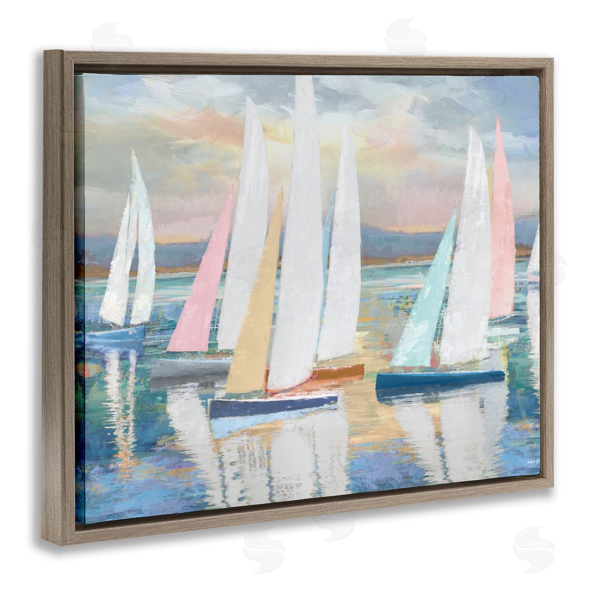 Abstract & Pastel Sailboat Fleet Brown Floating Frame Canvas Wall Art, Home Decor by Amber Sterling