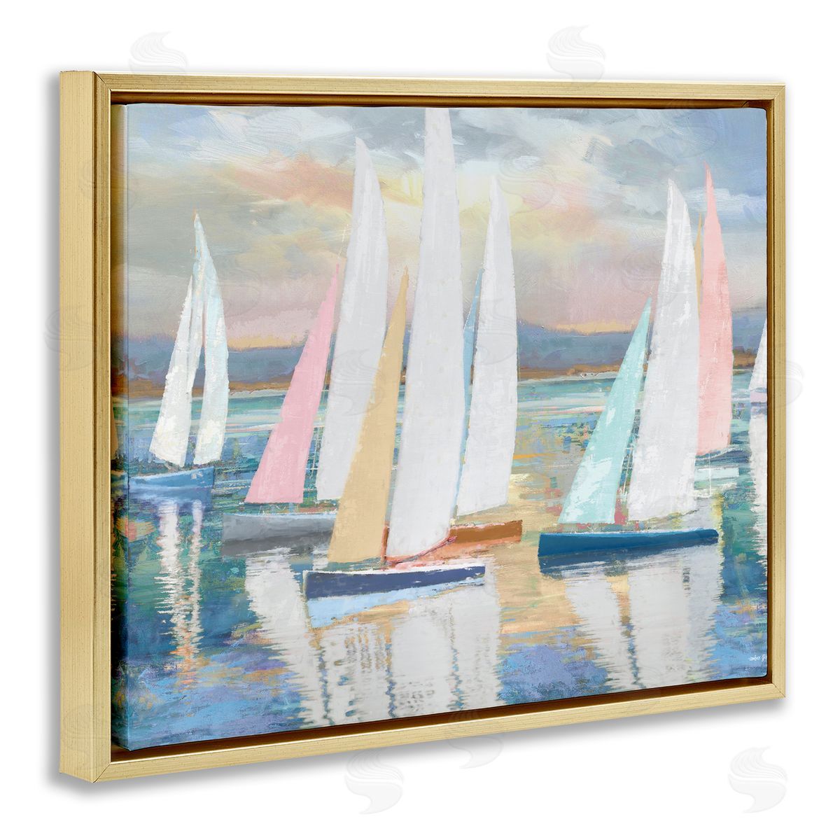 Abstract & Pastel Sailboat Fleet Gold Floating Frame Canvas Wall Art, Home Decor by Amber Sterling