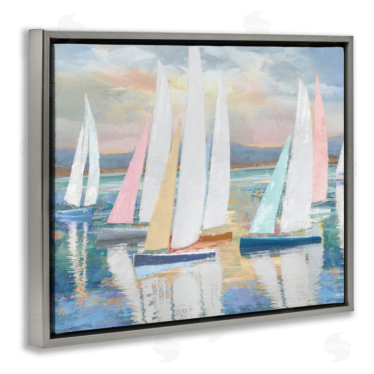Abstract & Pastel Sailboat Fleet Grey Floating Frame Canvas Wall Art, Home Decor by Amber Sterling