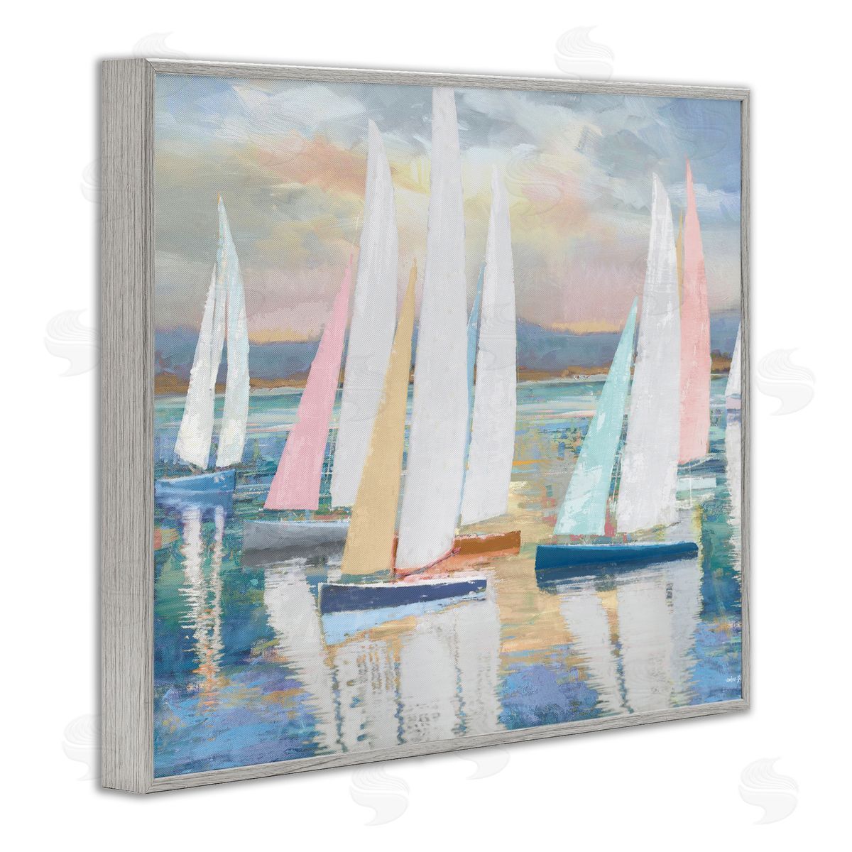 Abstract & Pastel Sailboat Fleet Grey Frame Print Wall Art, Home Decor by Amber Sterling