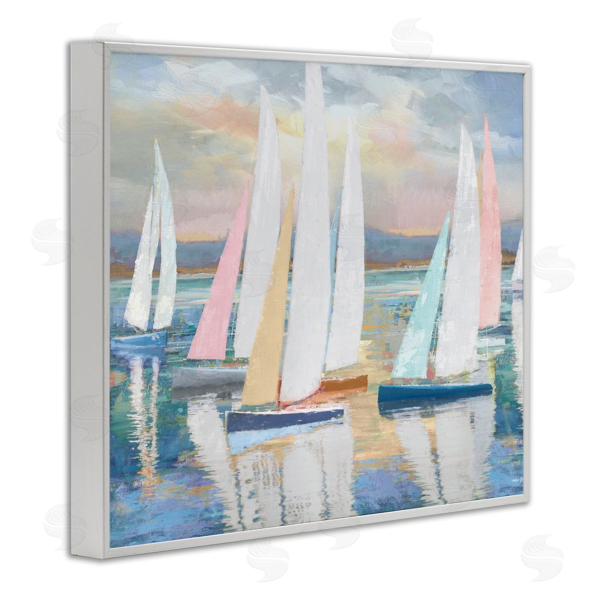 Abstract & Pastel Sailboat Fleet White Frame Print Wall Art, Home Decor by Amber Sterling