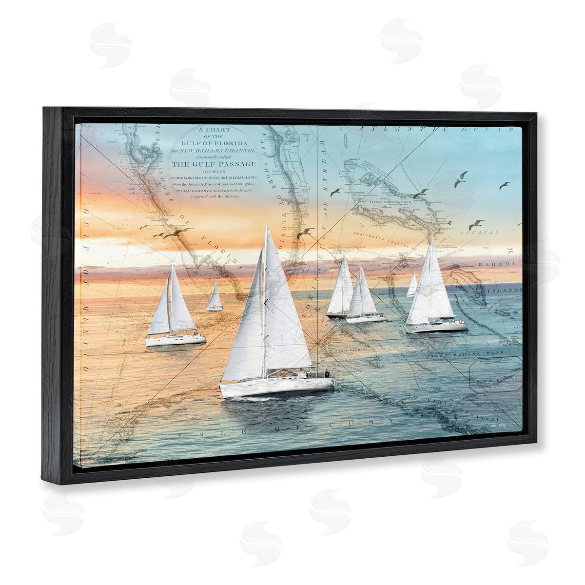 Nautical Ships & Vintage Map Black Floating Frame Canvas Wall Art, Home Decor by Amber Sterling