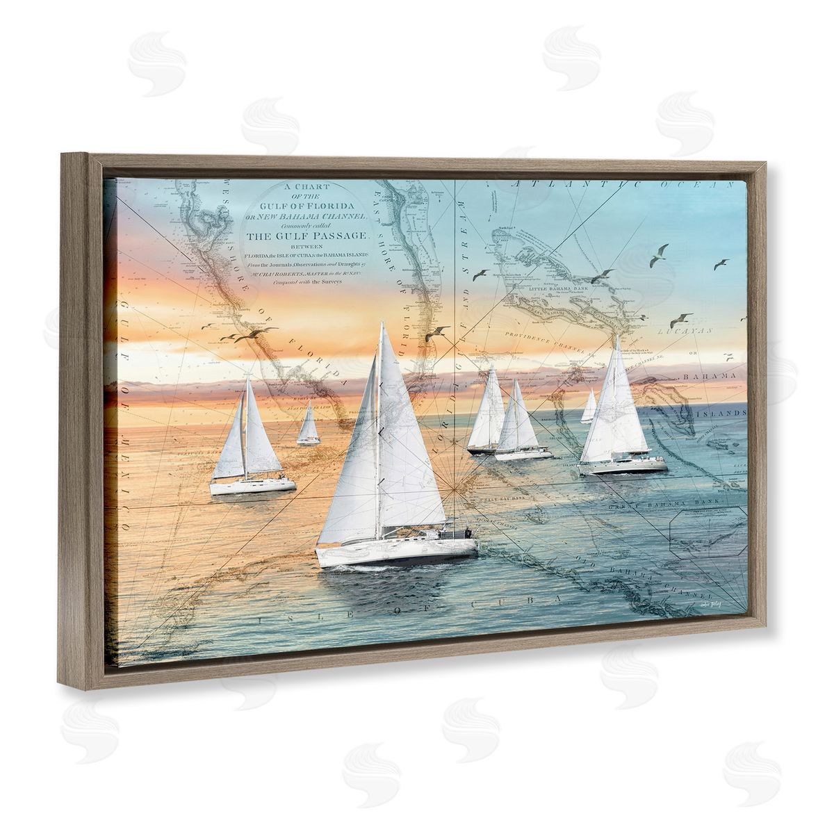 Nautical Ships & Vintage Map Brown Floating Frame Canvas Wall Art, Home Decor by Amber Sterling