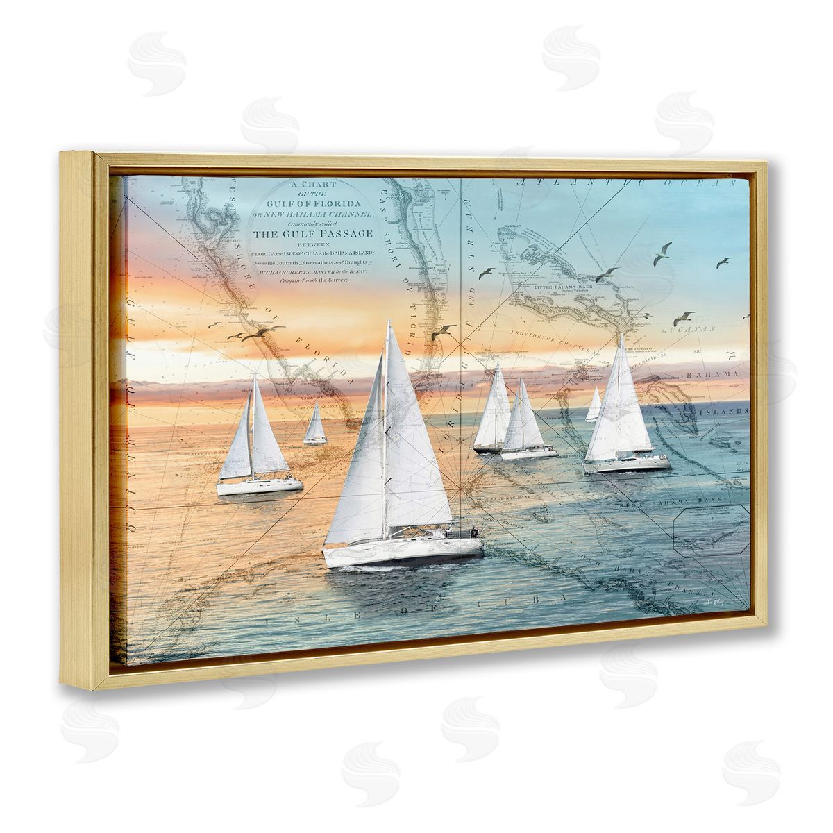 Nautical Ships & Vintage Map Gold Floating Frame Canvas Wall Art, Home Decor by Amber Sterling