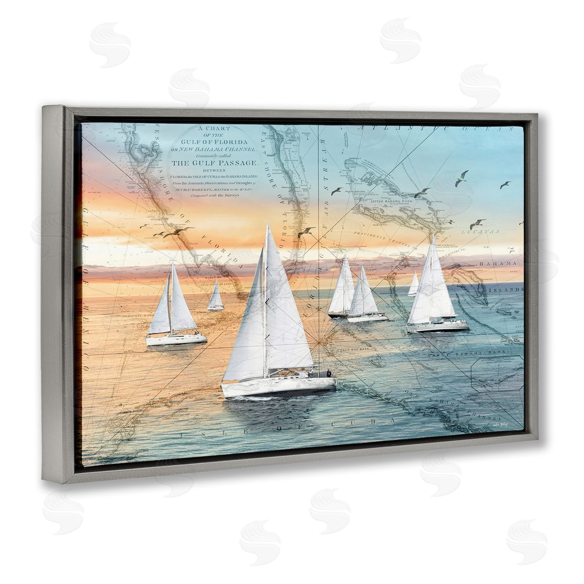 Nautical Ships & Vintage Map Grey Floating Frame Canvas Wall Art, Home Decor by Amber Sterling