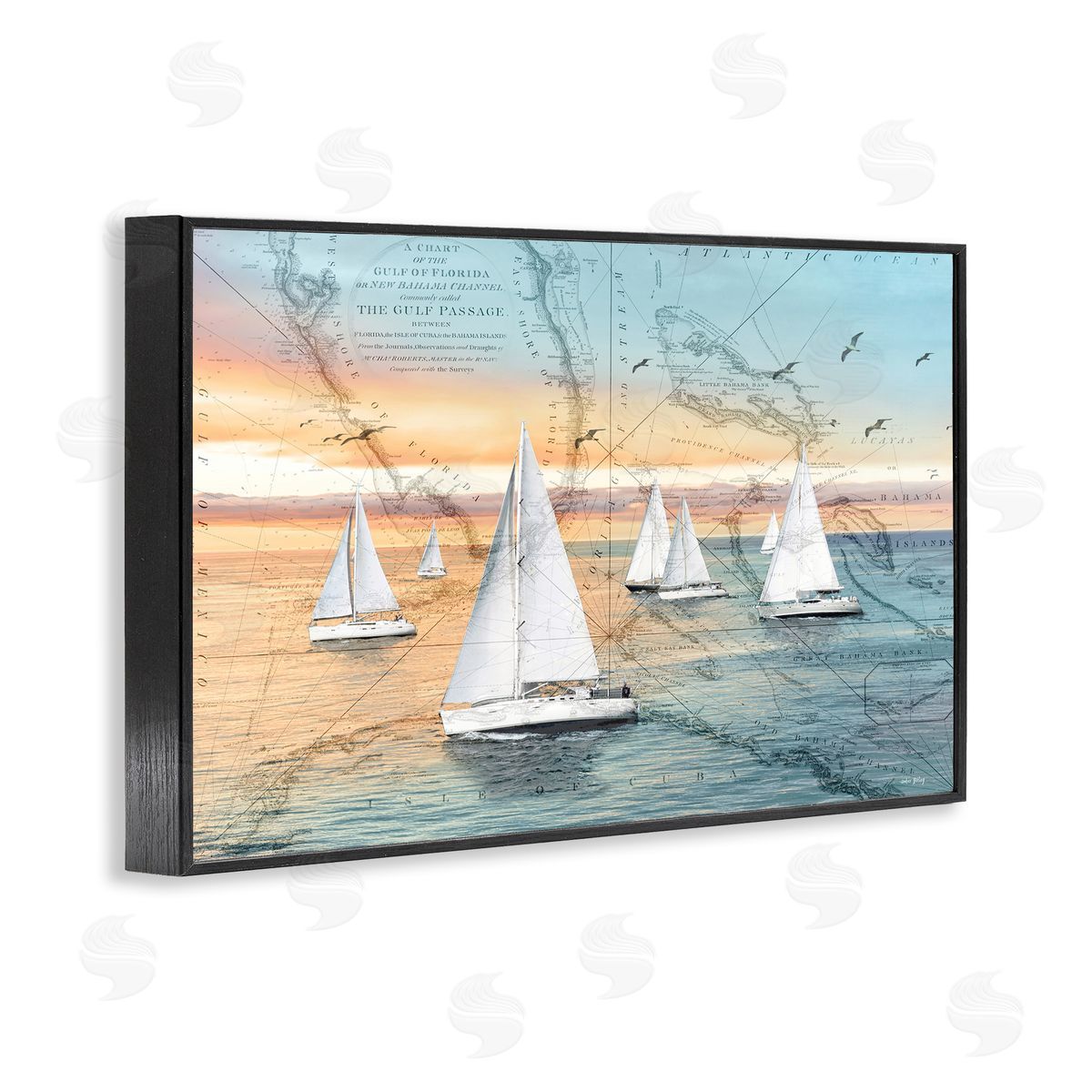 Nautical Ships & Vintage Map Black Frame Print Wall Art, Home Decor by Amber Sterling