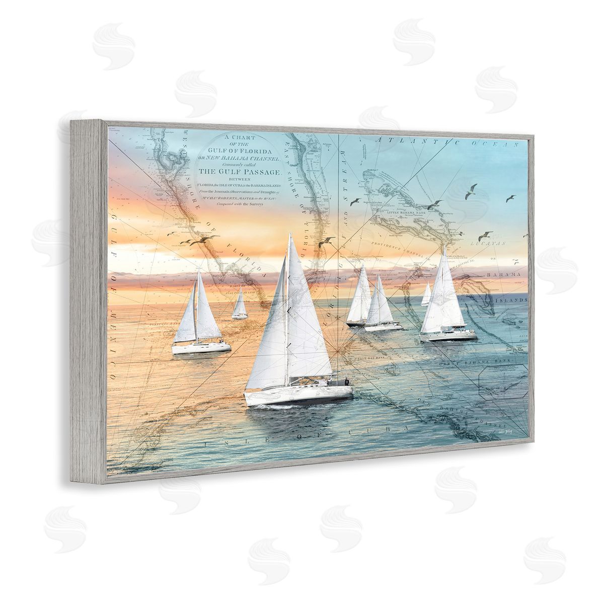 Nautical Ships & Vintage Map Grey Frame Print Wall Art, Home Decor by Amber Sterling