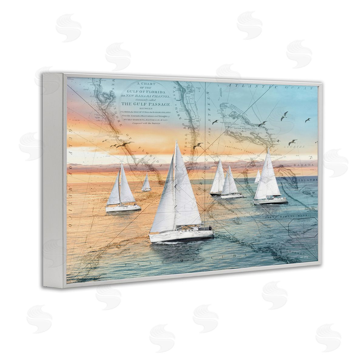 Nautical Ships & Vintage Map White Frame Print Wall Art, Home Decor by Amber Sterling