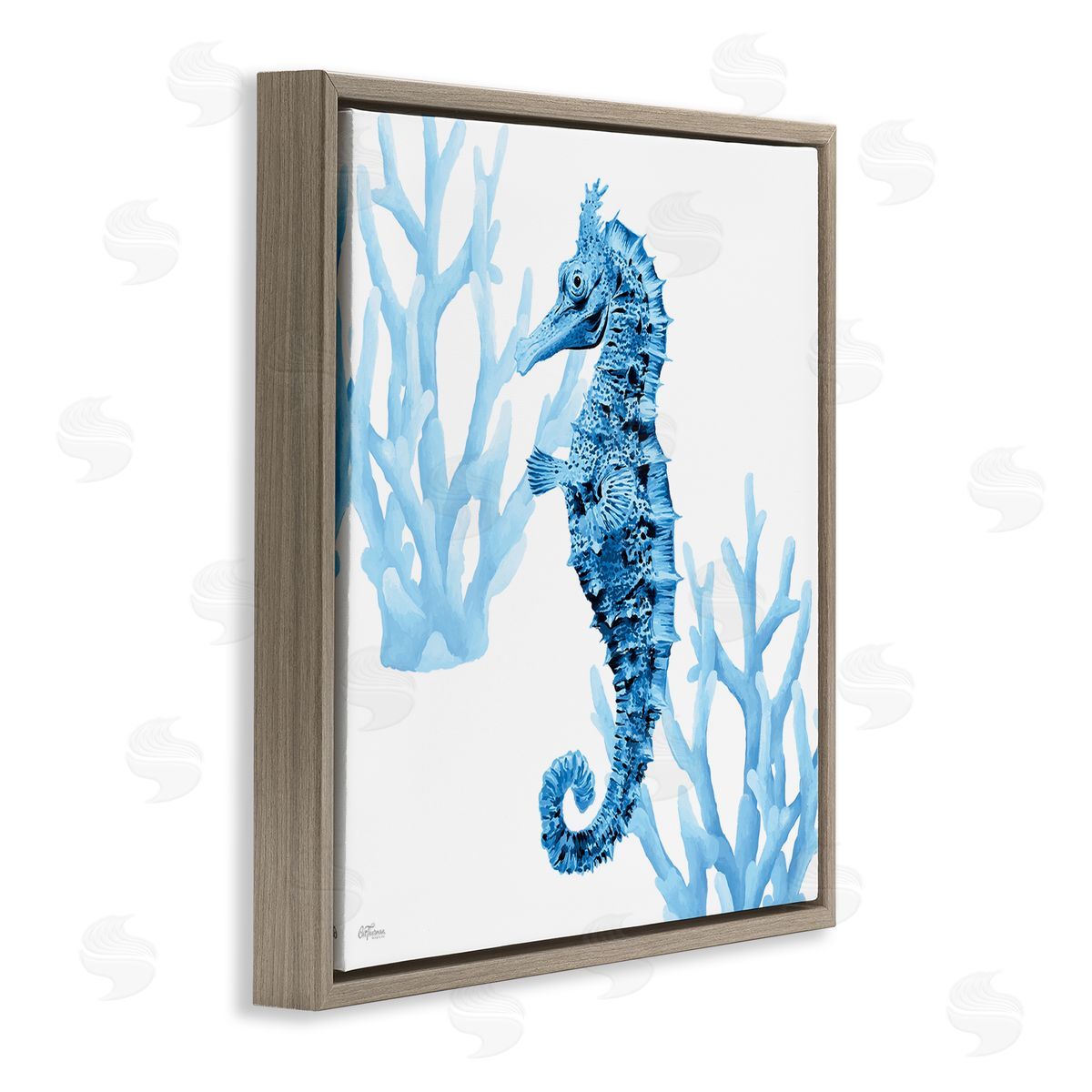 Blue Tone Seahorse & Coral Brown Floating Frame Canvas Wall Art, Home Decor by Cat Thurman Designs