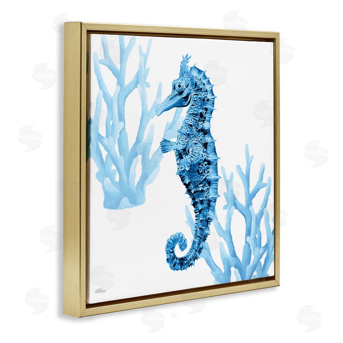 Blue Tone Seahorse & Coral Gold Floating Frame Canvas Wall Art, Home Decor by Cat Thurman Designs