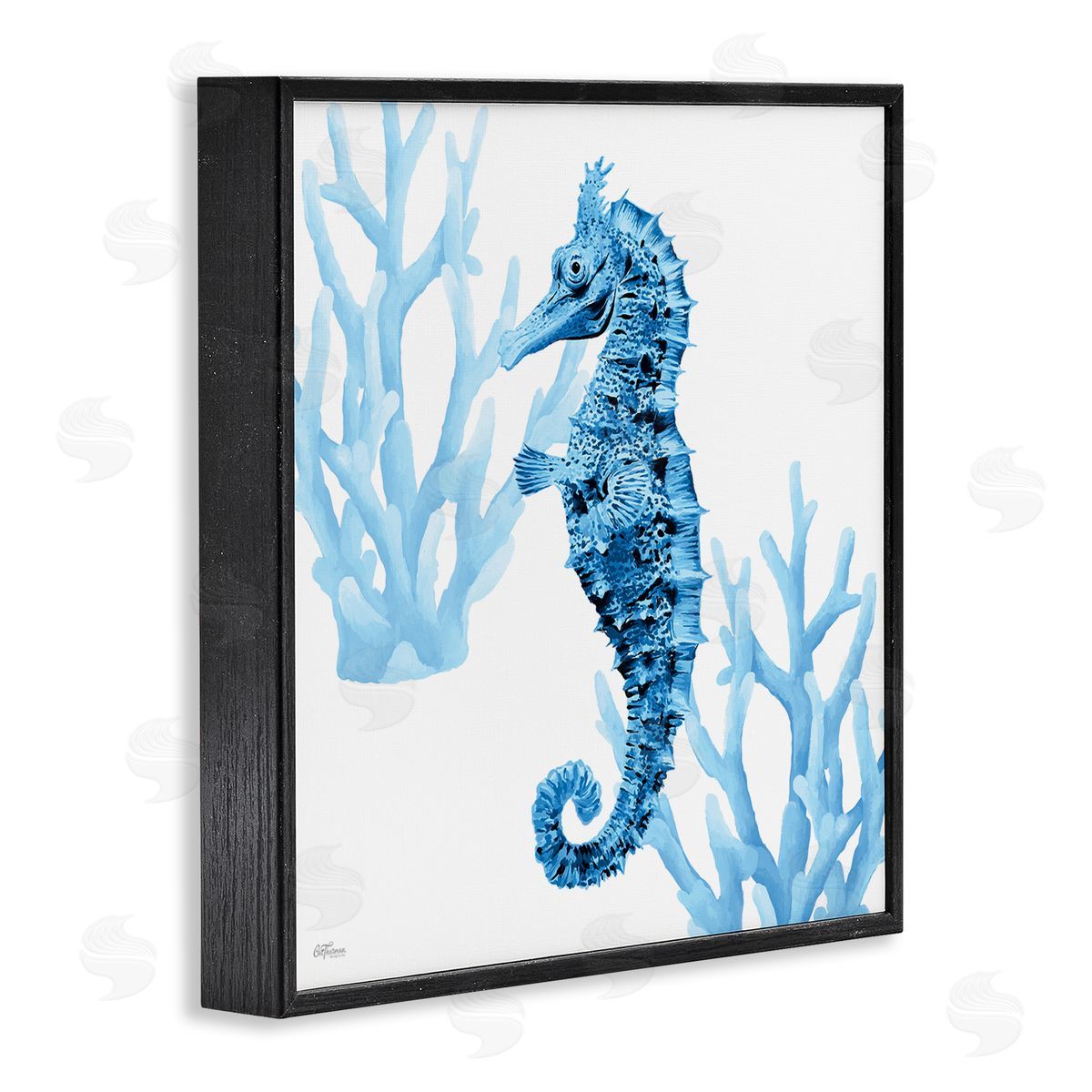 Blue Tone Seahorse & Coral Black Frame Print Wall Art, Home Decor by Cat Thurman Designs
