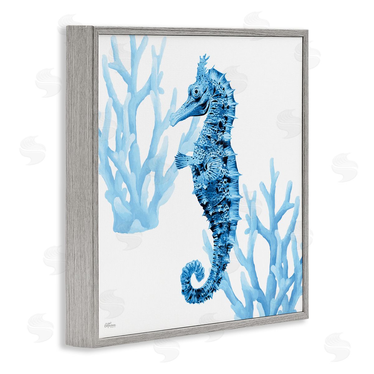 Blue Tone Seahorse & Coral Grey Frame Print Wall Art, Home Decor by Cat Thurman Designs