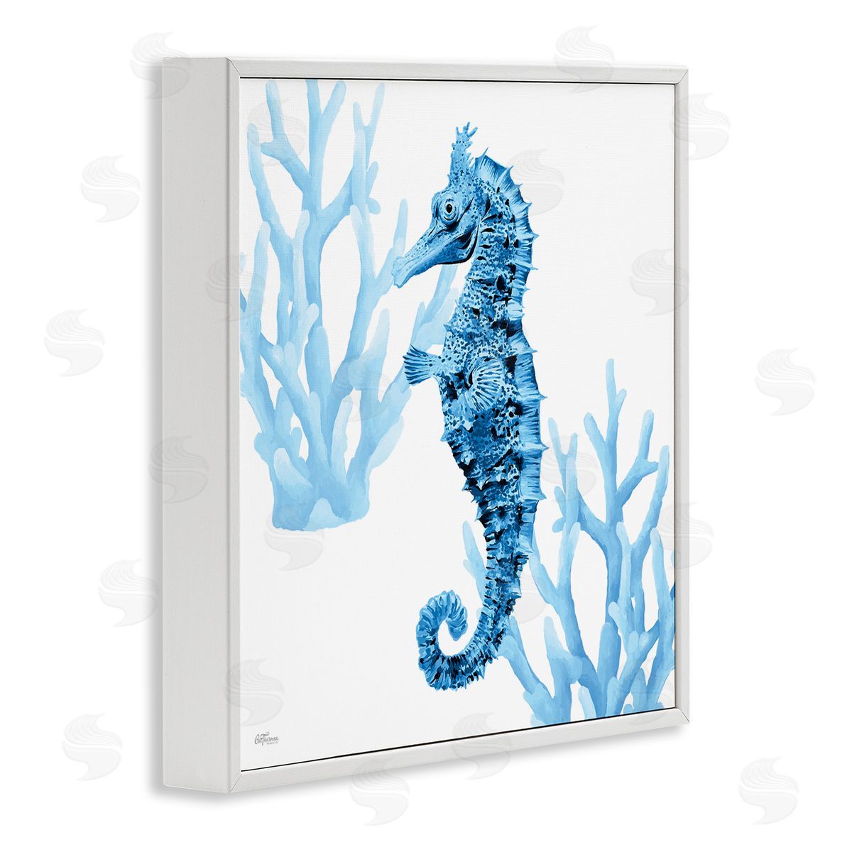 Blue Tone Seahorse & Coral White Frame Print Wall Art, Home Decor by Cat Thurman Designs