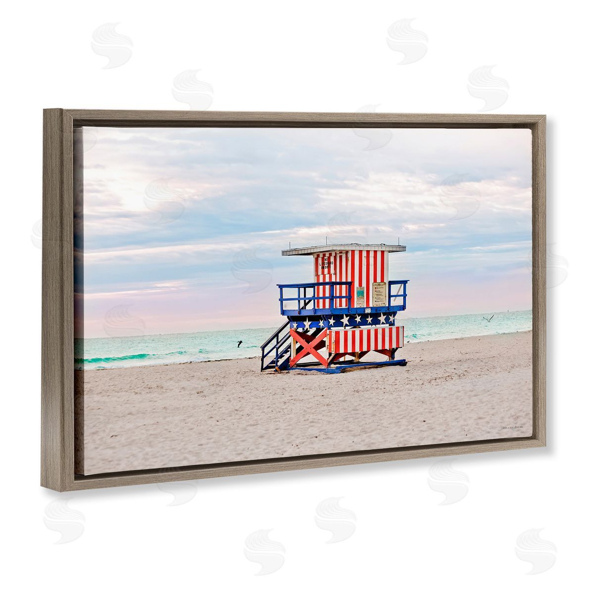 Patriotic Lifeguard Hut Brown Floating Frame Canvas Wall Art, Home Decor by Seven Trees Design
