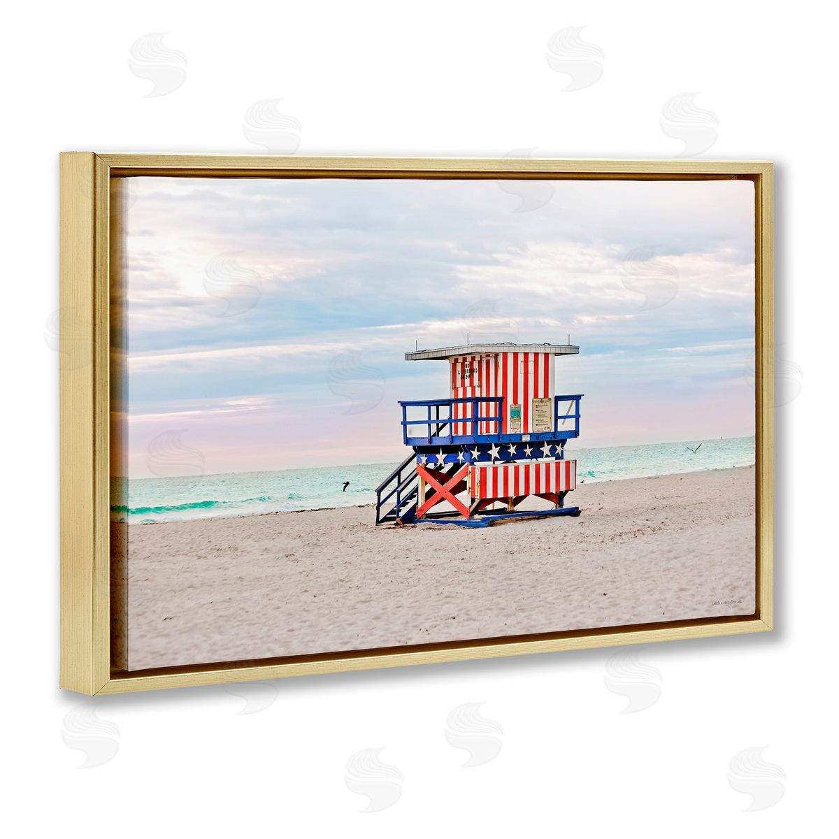 Patriotic Lifeguard Hut Gold Floating Frame Canvas Wall Art, Home Decor by Seven Trees Design