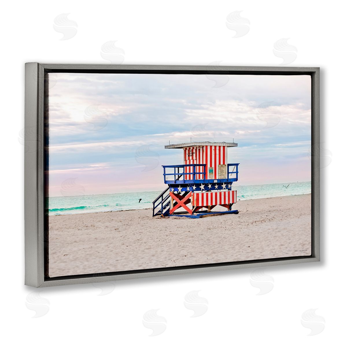 Patriotic Lifeguard Hut Grey Floating Frame Canvas Wall Art, Home Decor by Seven Trees Design
