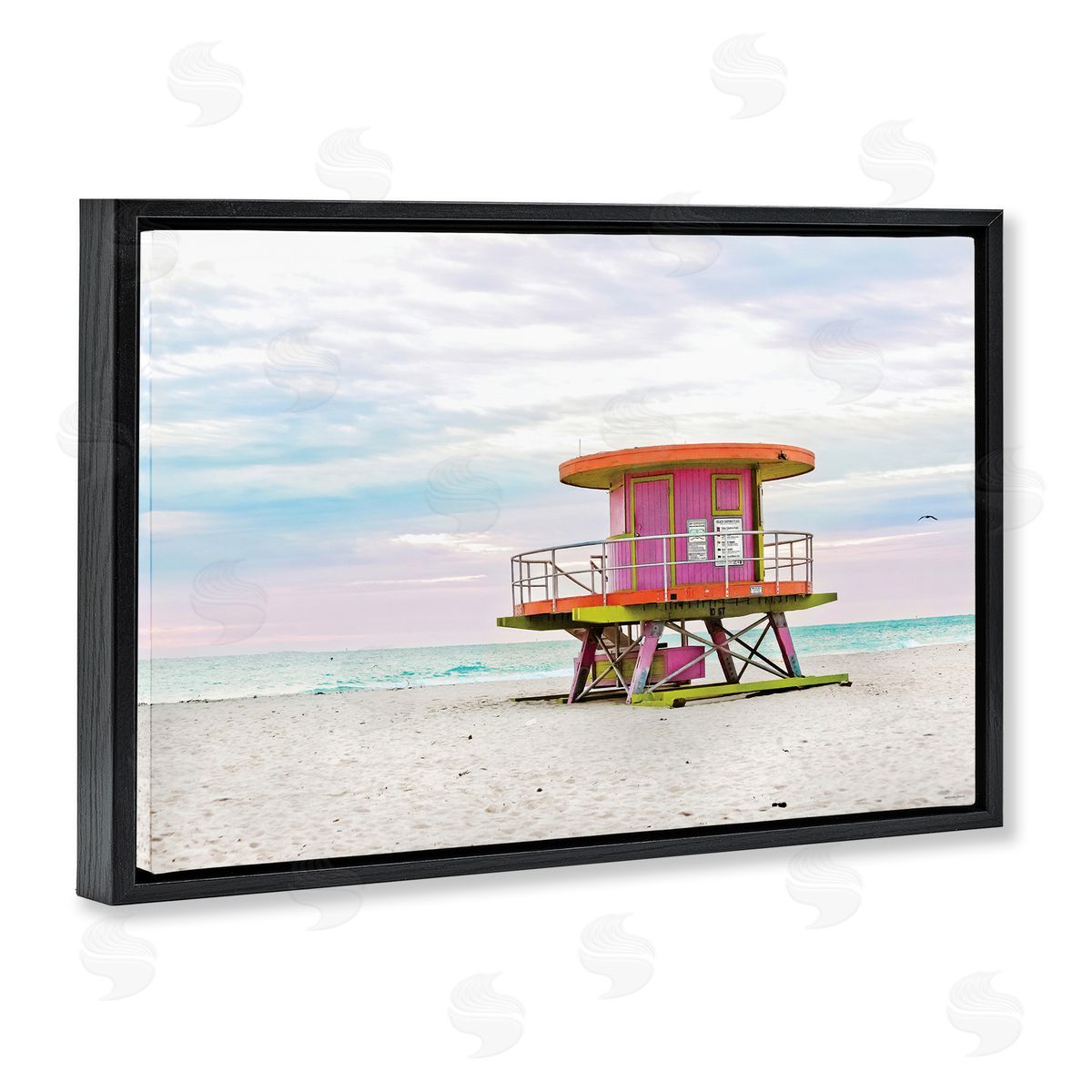 Lifeguard Hut with Pastel Sky Black Floating Frame Canvas Wall Art, Home Decor by Seven Trees Design