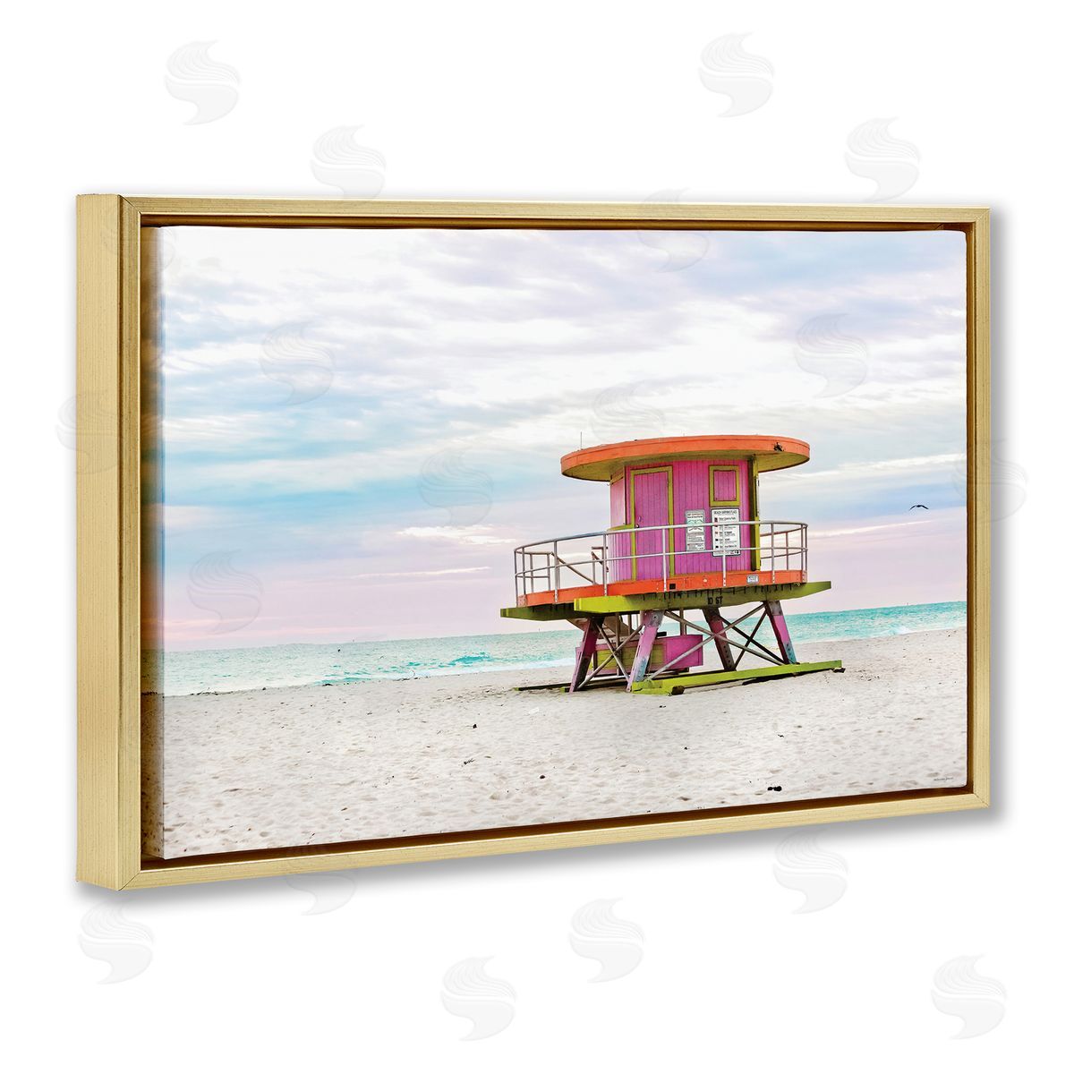 Lifeguard Hut with Pastel Sky Gold Floating Frame Canvas Wall Art, Home Decor by Seven Trees Design