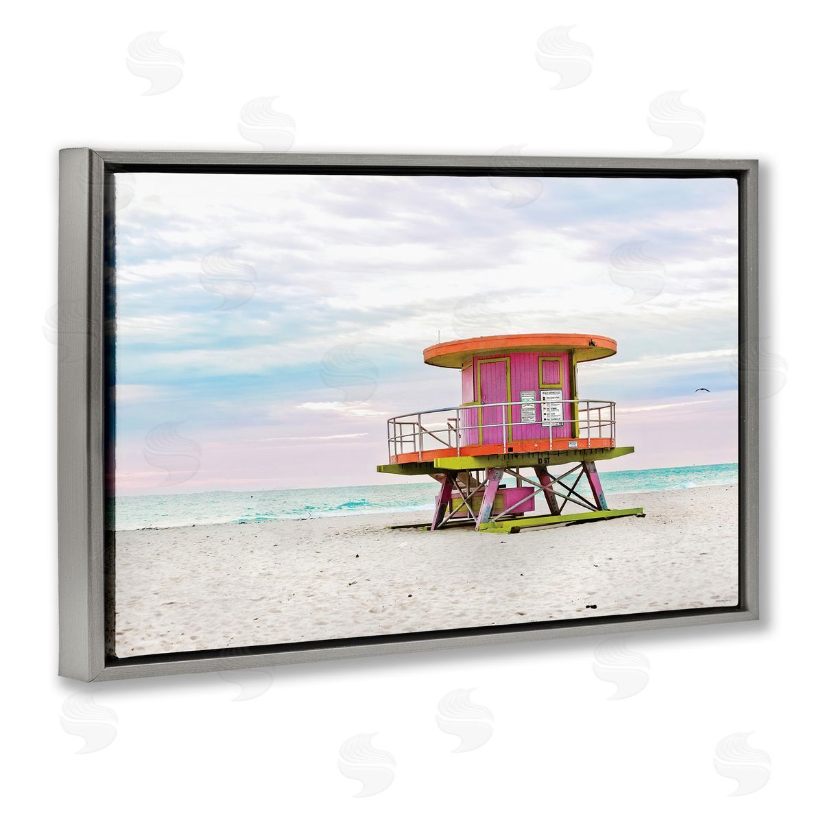 Lifeguard Hut with Pastel Sky Grey Floating Frame Canvas Wall Art, Home Decor by Seven Trees Design