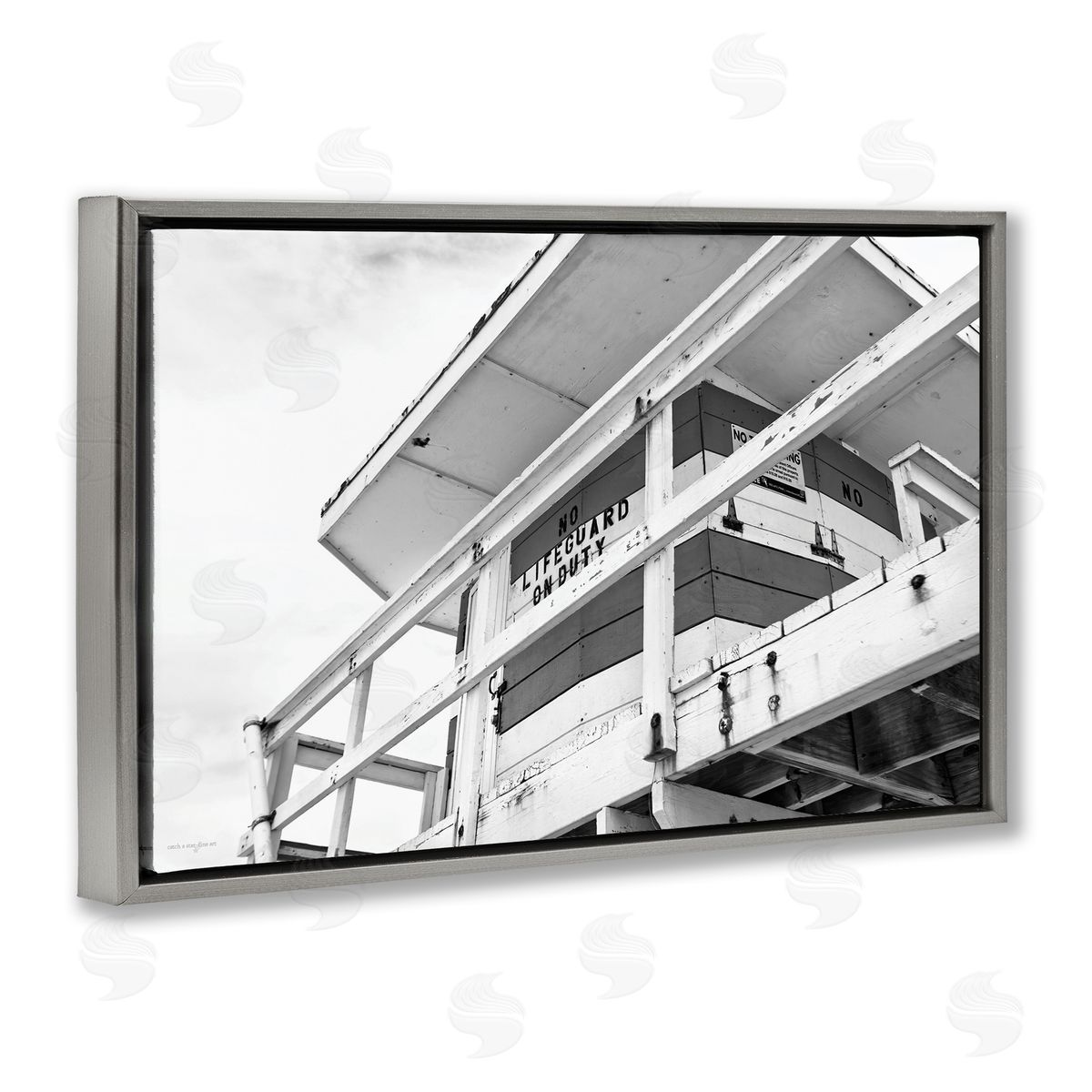 Lifeguard Building on Beach Grey Floating Frame Canvas Wall Art, Home Decor by Seven Trees Design