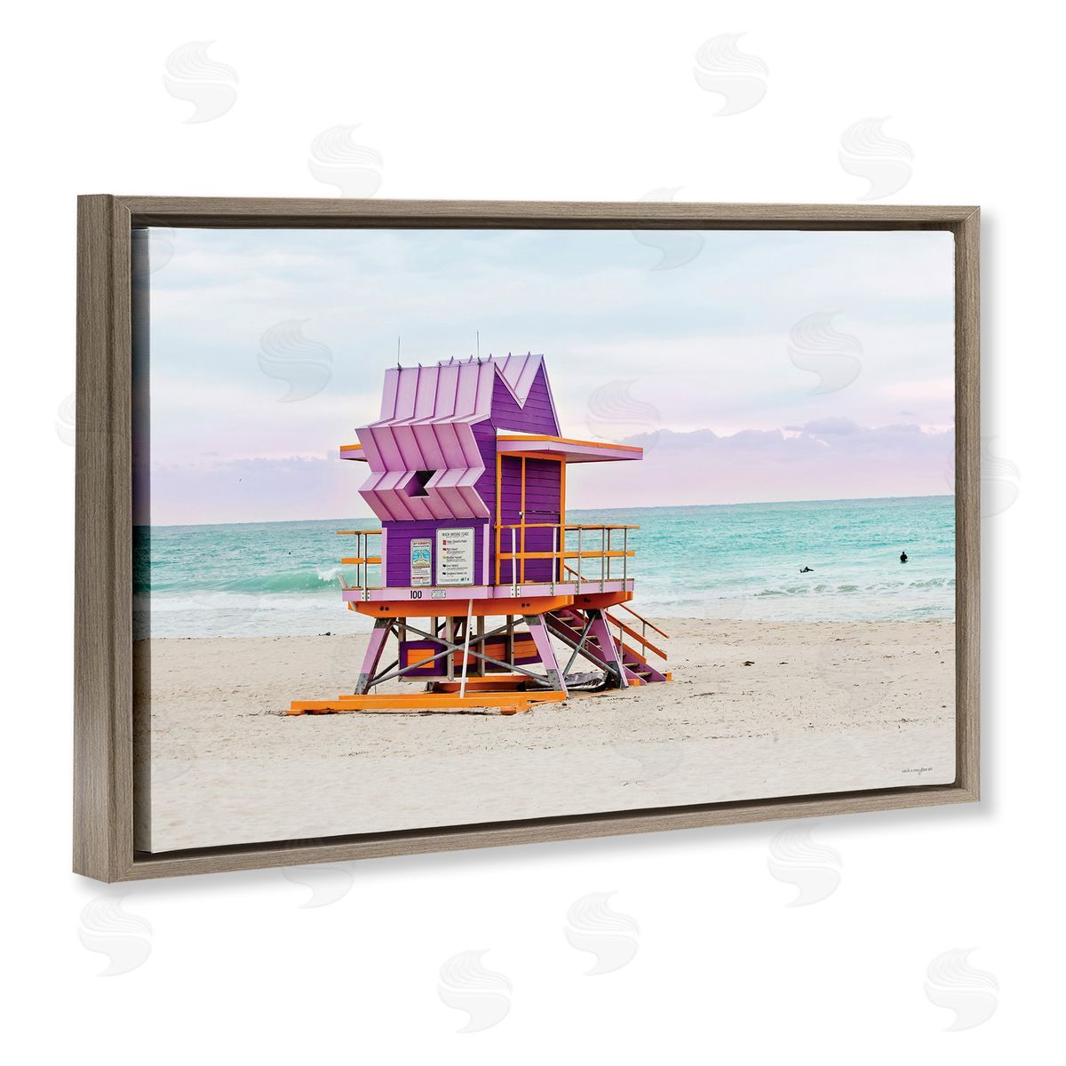 Purple Lifeguard Building Brown Floating Frame Canvas Wall Art, Home Decor by Seven Trees Design