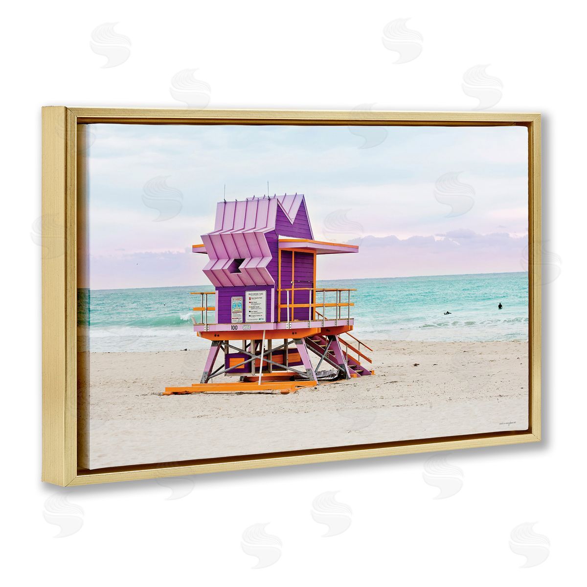 Purple Lifeguard Building Gold Floating Frame Canvas Wall Art, Home Decor by Seven Trees Design