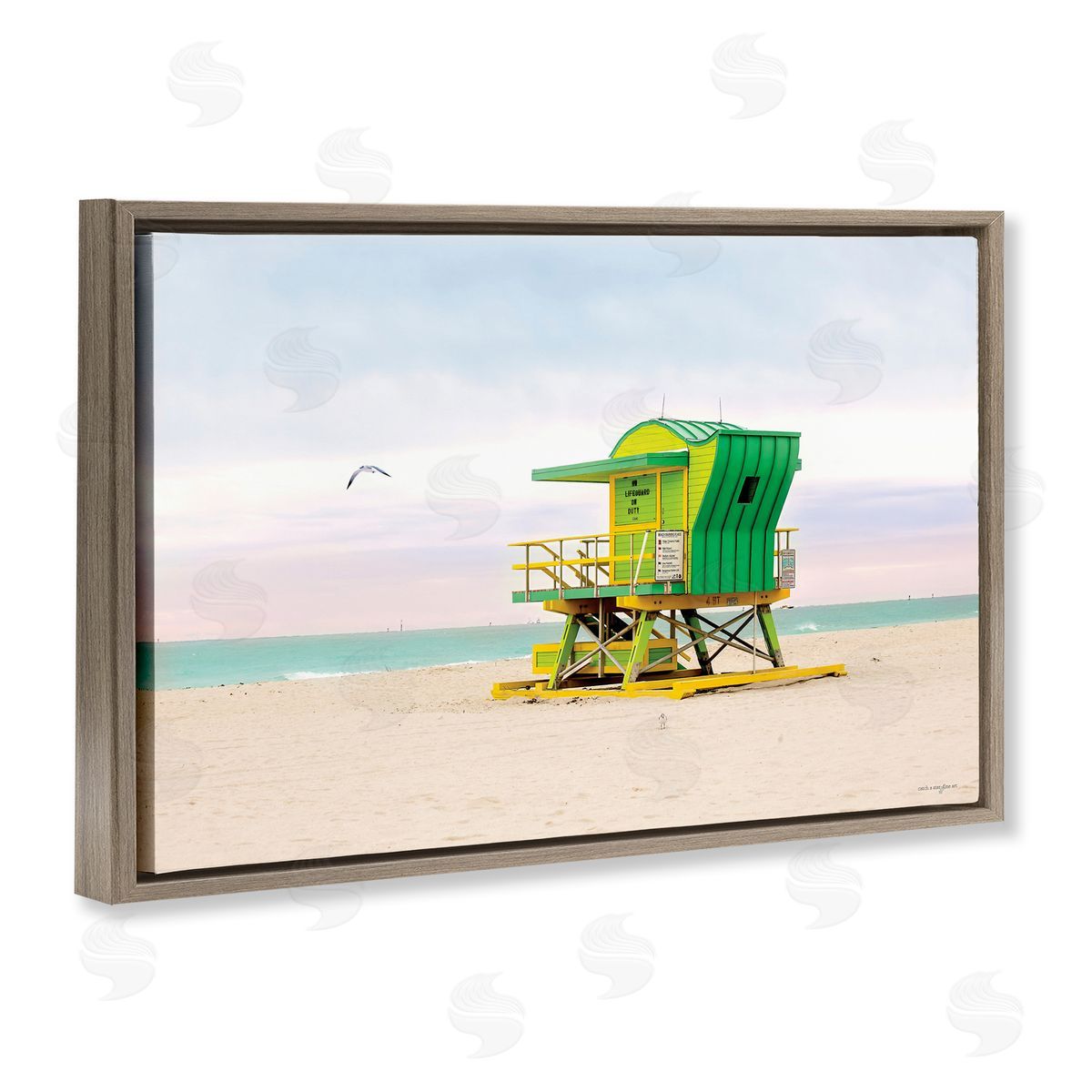 Lime Green Lifeguard Hut Brown Floating Frame Canvas Wall Art, Home Decor by Seven Trees Design