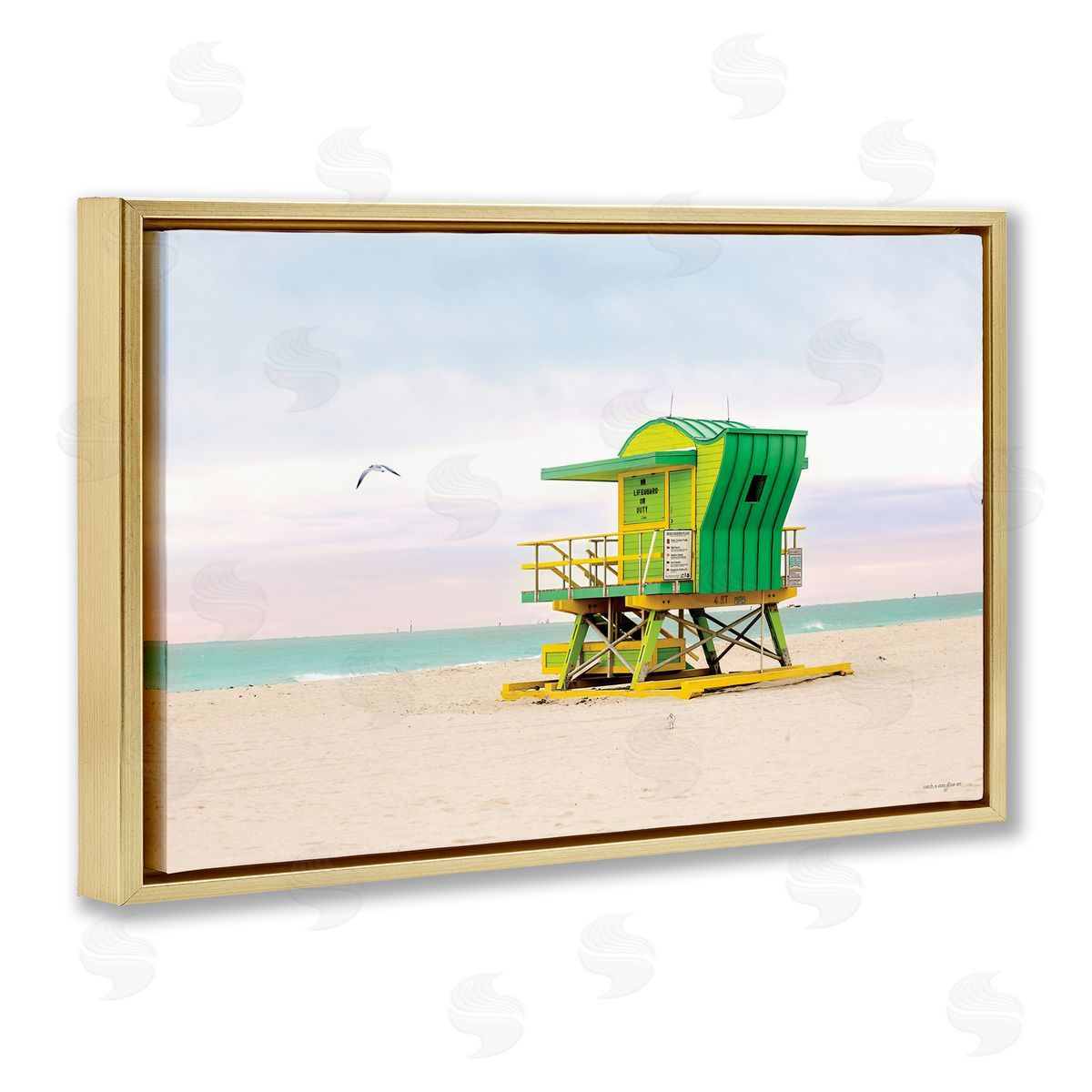 Lime Green Lifeguard Hut Gold Floating Frame Canvas Wall Art, Home Decor by Seven Trees Design