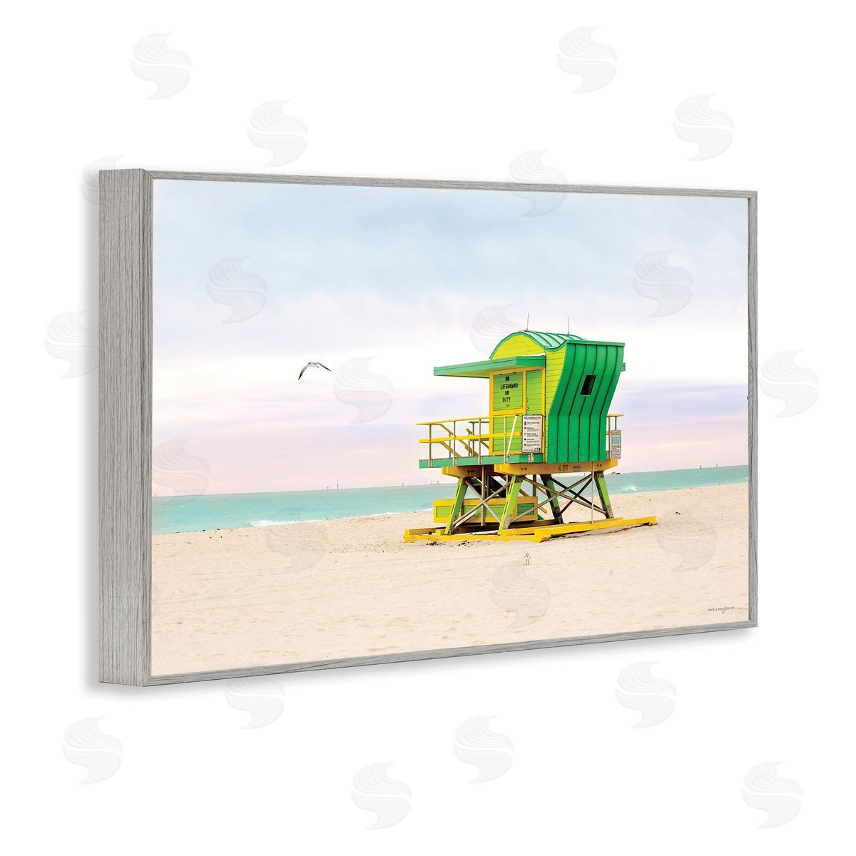 Lime Green Lifeguard Hut Grey Frame Print Wall Art, Home Decor by Seven Trees Design