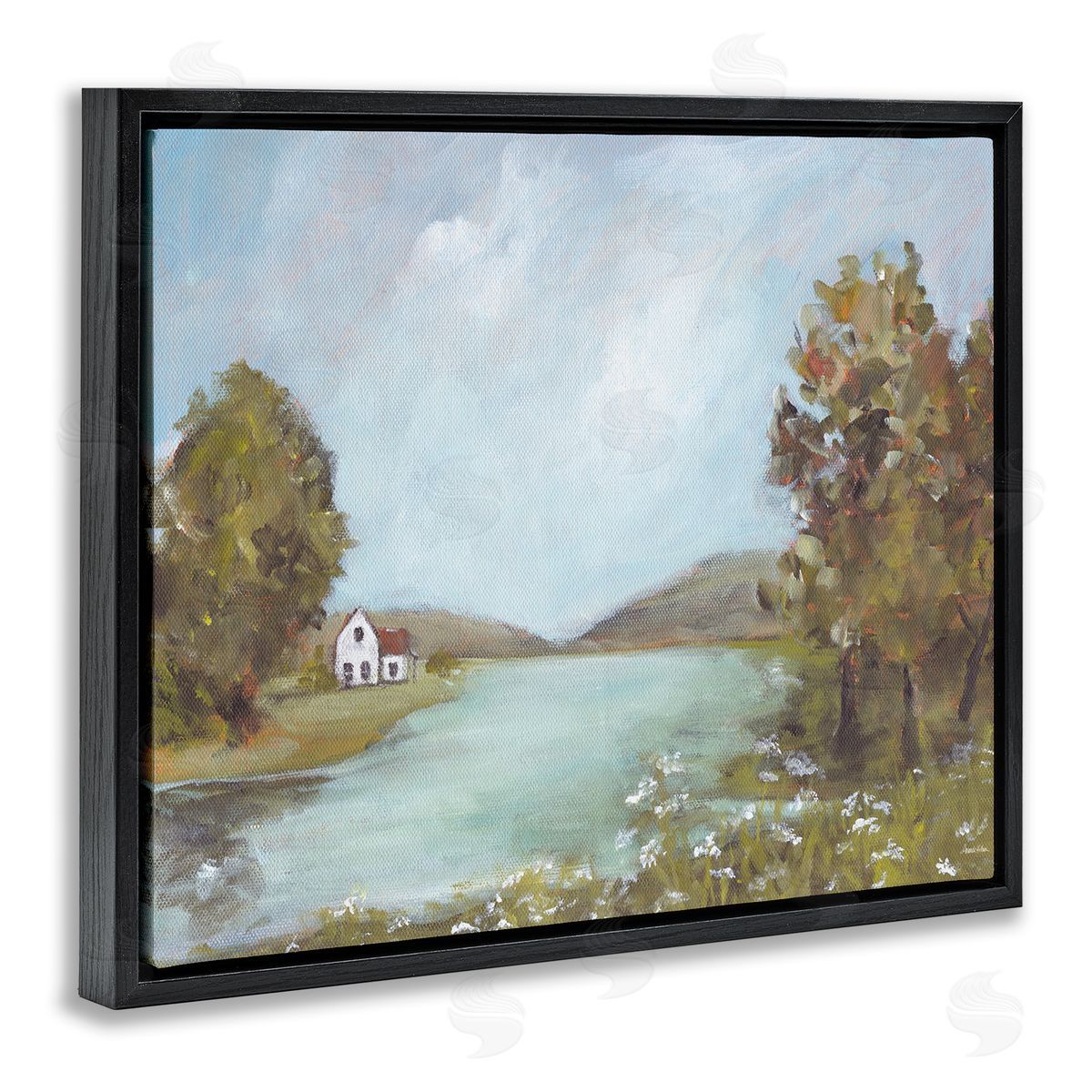 Distant Cottage Across River Black Floating Frame Canvas Wall Art, Home Decor by Amanda Hilburn