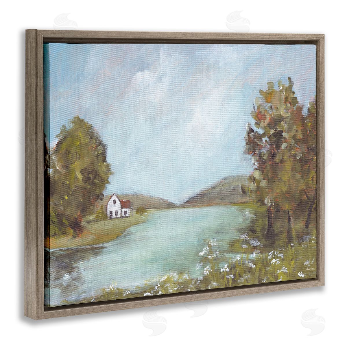 Distant Cottage Across River Brown Floating Frame Canvas Wall Art, Home Decor by Amanda Hilburn