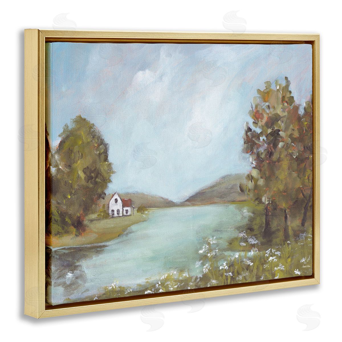 Distant Cottage Across River Gold Floating Frame Canvas Wall Art, Home Decor by Amanda Hilburn