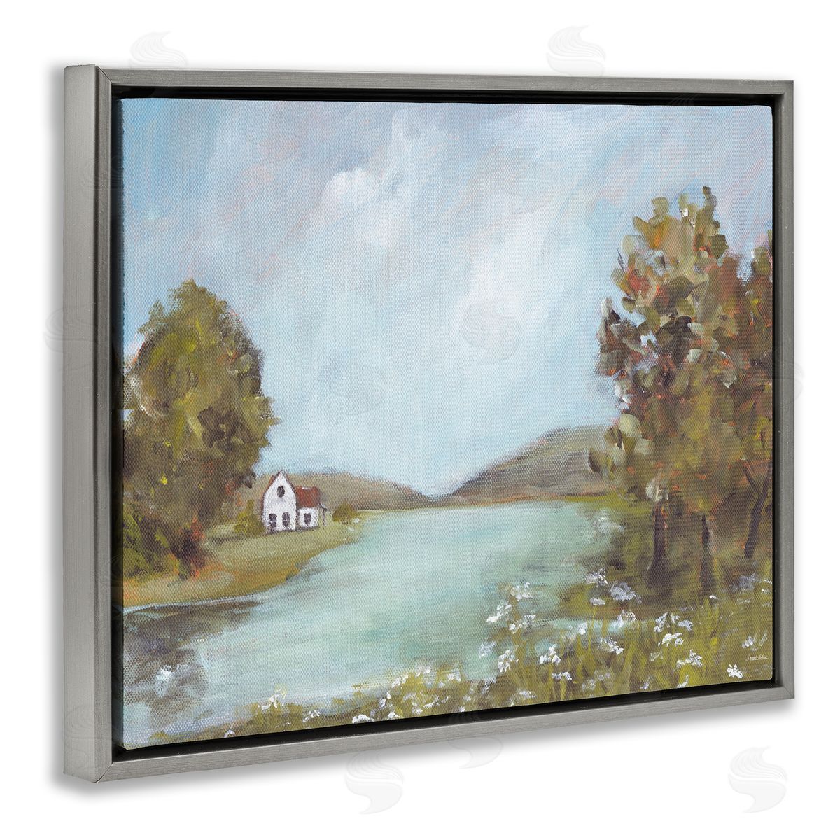 Distant Cottage Across River Grey Floating Frame Canvas Wall Art, Home Decor by Amanda Hilburn