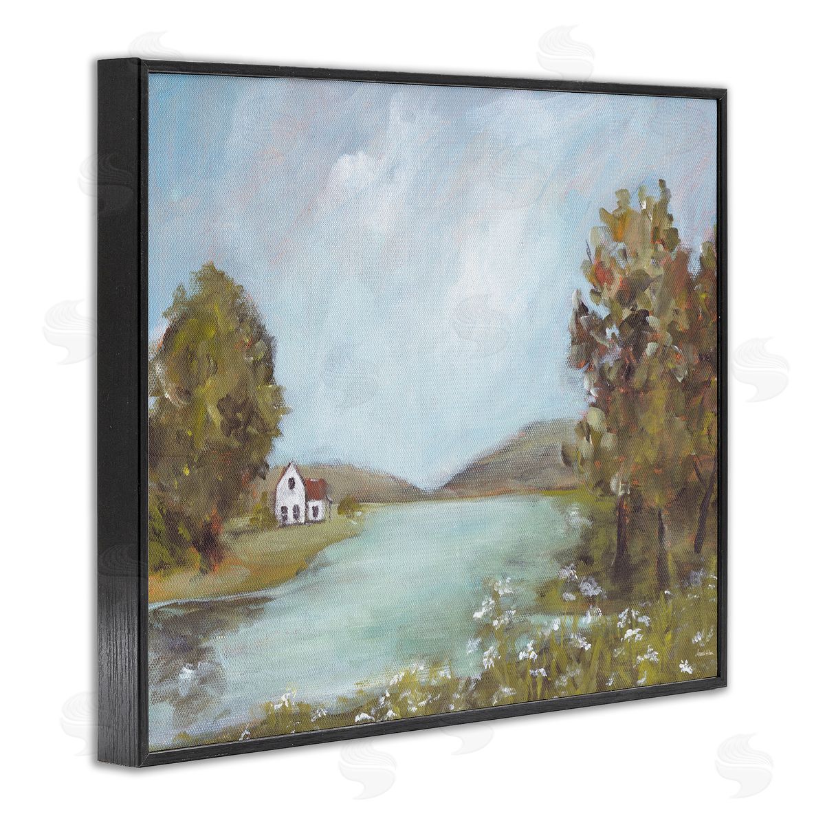 Distant Cottage Across River Black Frame Print Wall Art, Home Decor by Amanda Hilburn