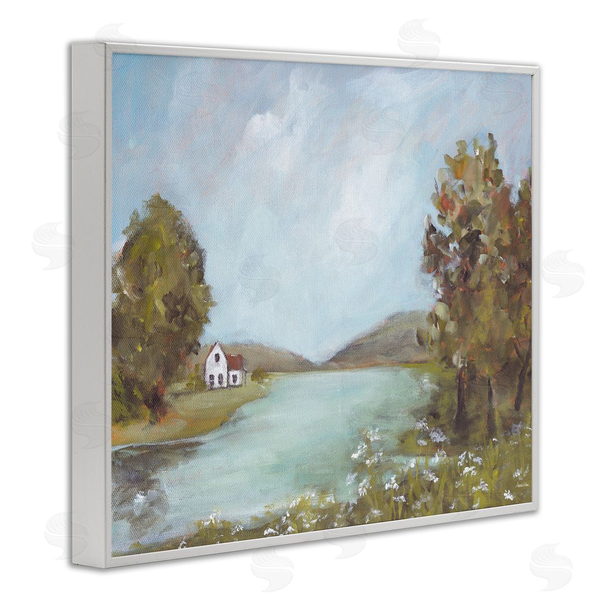 Distant Cottage Across River White Frame Print Wall Art, Home Decor by Amanda Hilburn