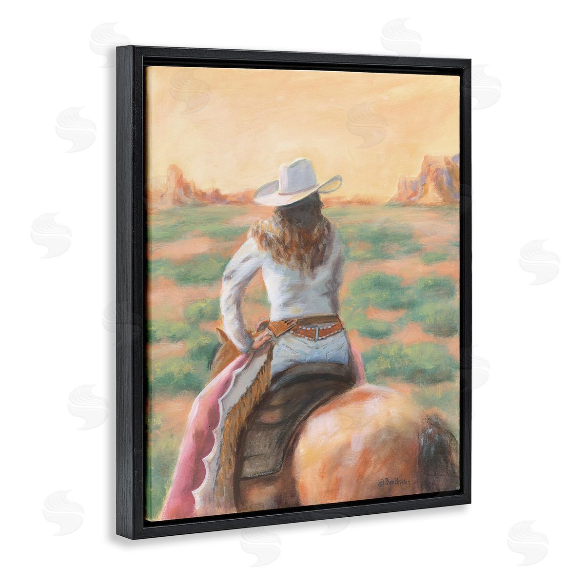 Cowgirl Atop Country Horse Black Floating Frame Canvas Wall Art, Home Decor by Pam Britton