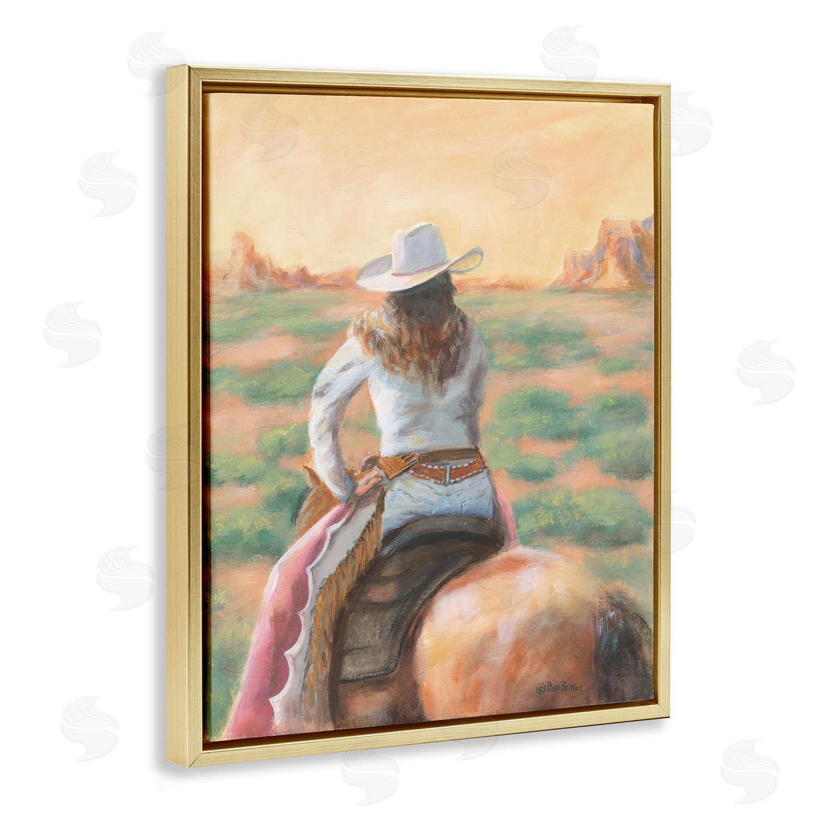 Cowgirl Atop Country Horse Gold Floating Frame Canvas Wall Art, Home Decor by Pam Britton