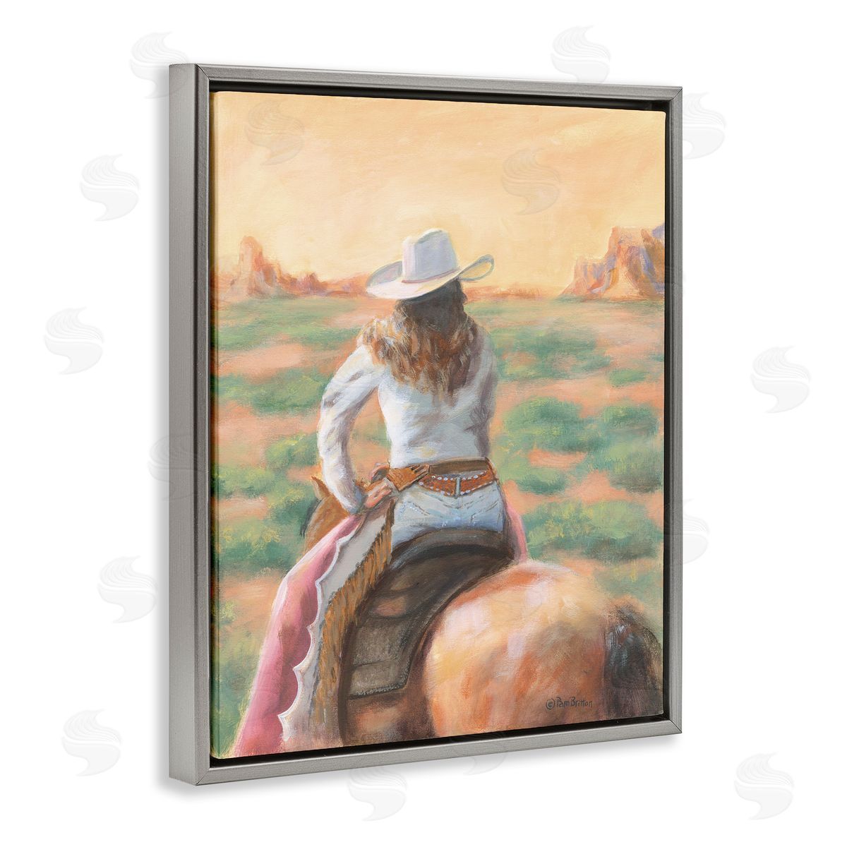 Cowgirl Atop Country Horse Grey Floating Frame Canvas Wall Art, Home Decor by Pam Britton