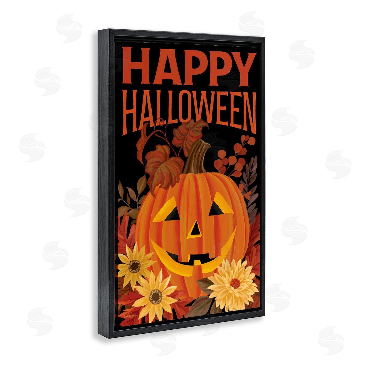 Happy Halloween Floral Pumpkin Black Floating Frame Canvas Wall Art, Home Decor by Cat Thurman Designs