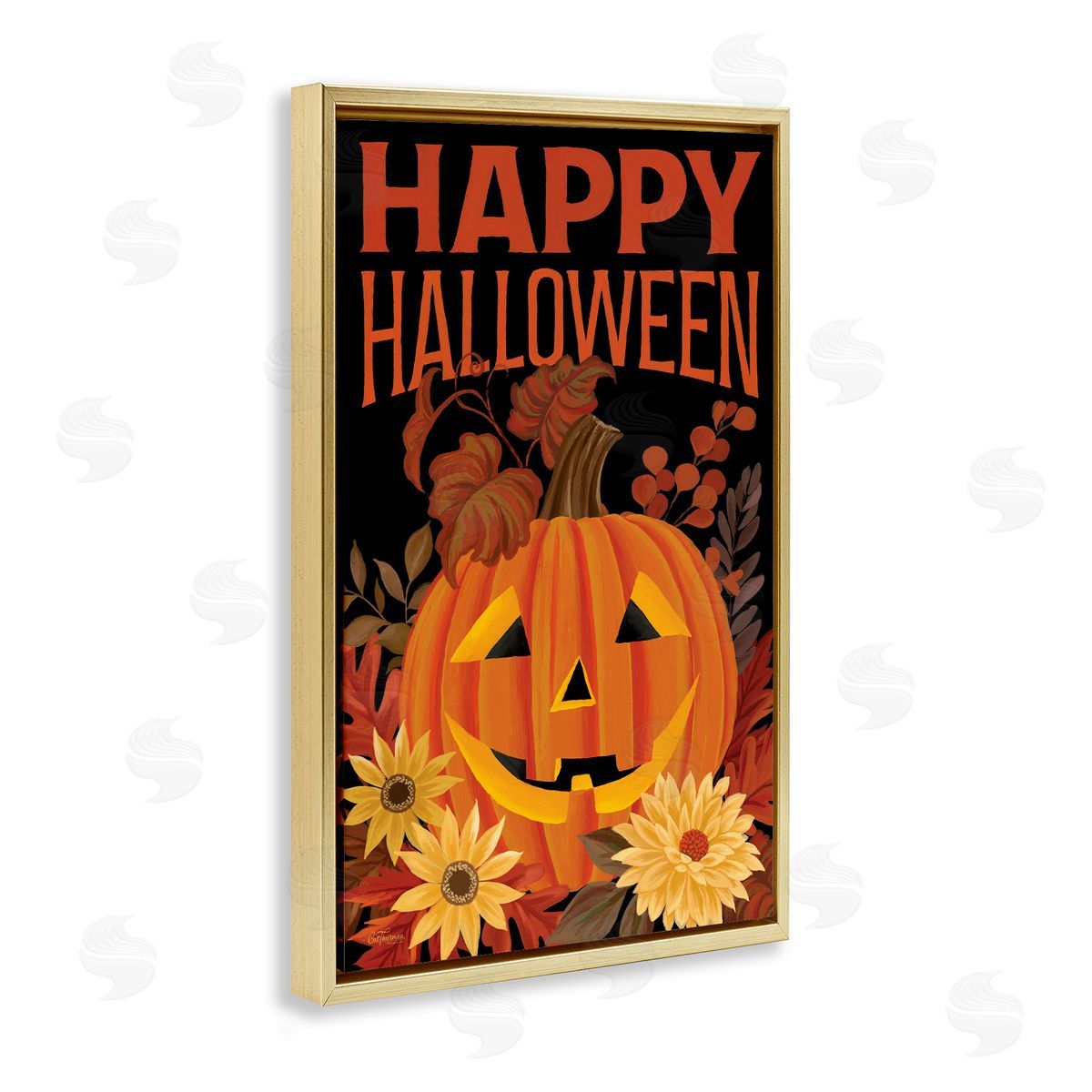 Happy Halloween Floral Pumpkin Gold Floating Frame Canvas Wall Art, Home Decor by Cat Thurman Designs