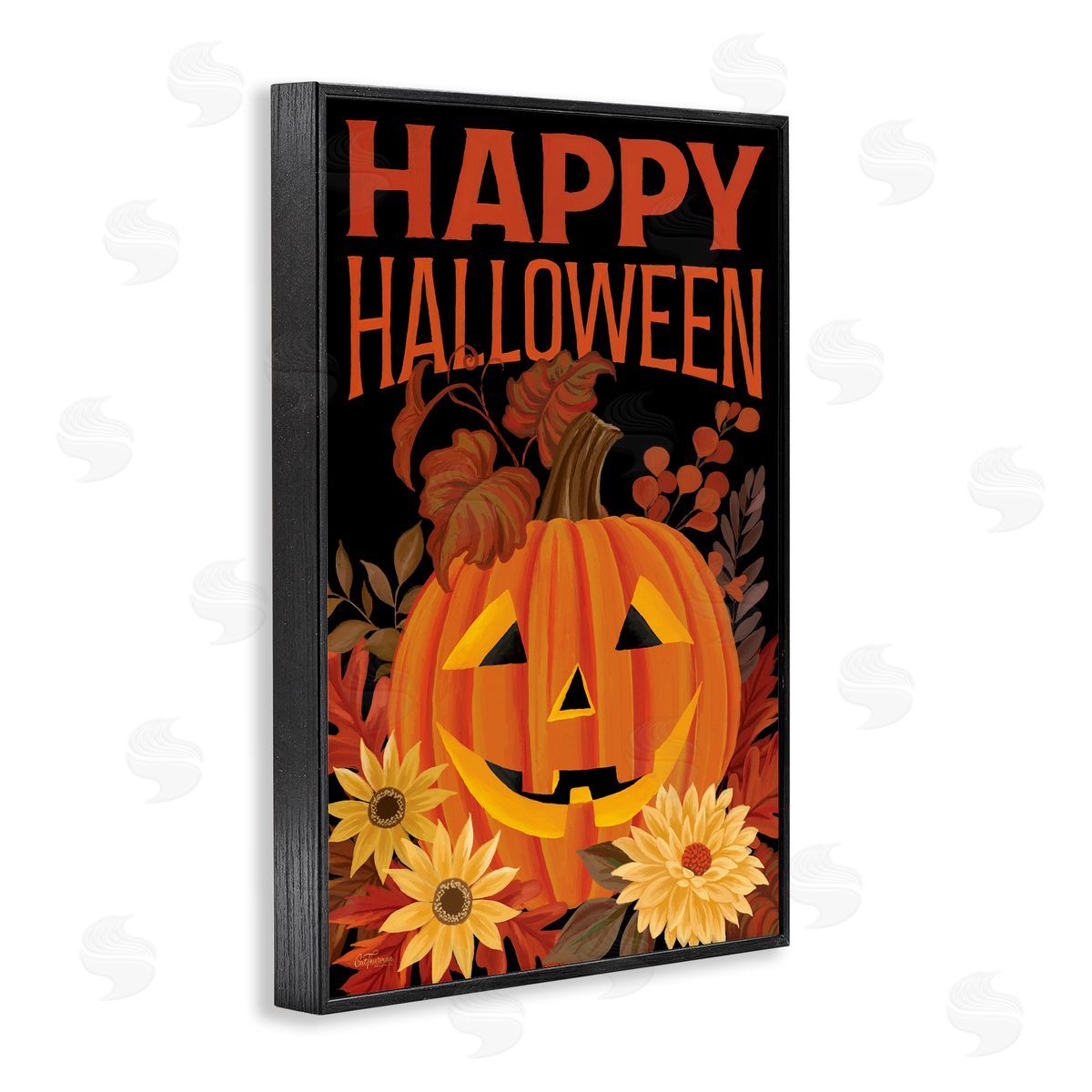 Happy Halloween Floral Pumpkin Black Frame Print Wall Art, Home Decor by Cat Thurman Designs