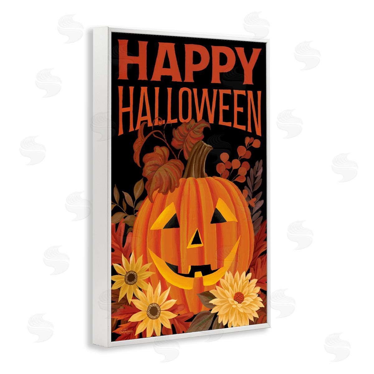 Happy Halloween Floral Pumpkin White Frame Print Wall Art, Home Decor by Cat Thurman Designs