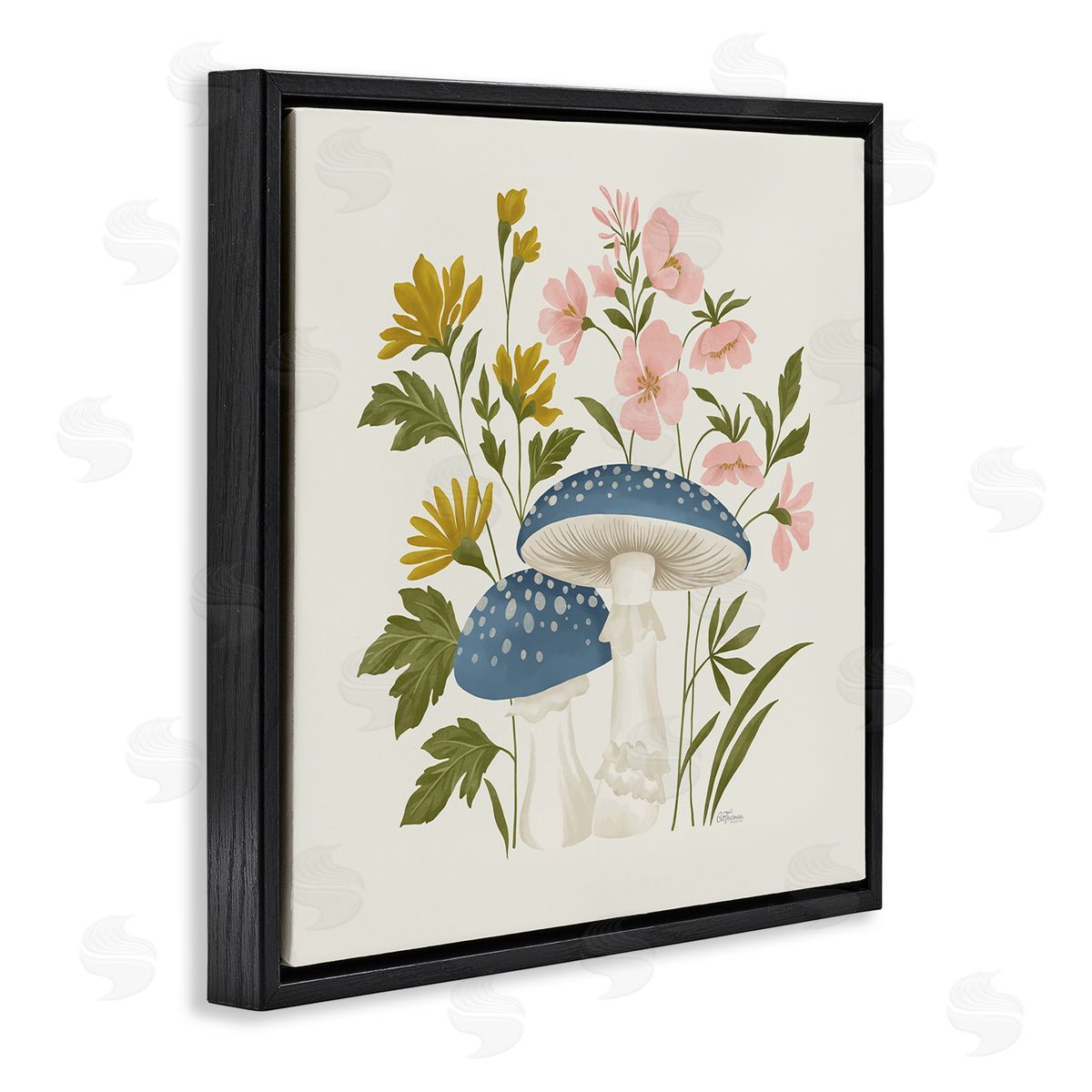 Blue Mushrooms & Wildflowers Black Floating Frame Canvas Wall Art, Home Decor by Cat Thurman Designs